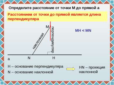 N H M a Определите расстояние от точки М до прямой а перпендикуляр Н – основа...