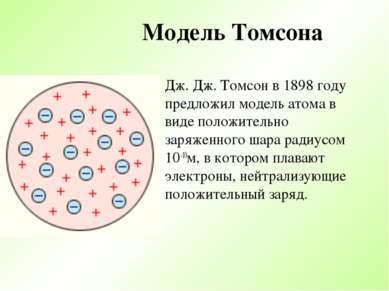 Модель Томсона Дж. Дж. Томсон в 1898 году предложил модель атома в виде полож...