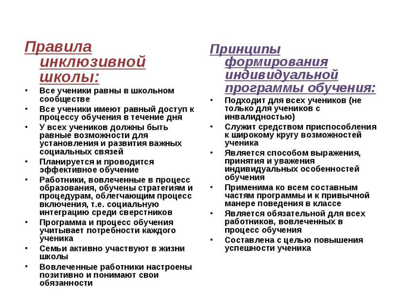 Правила инклюзивной школы: Все ученики равны в школьном сообществе Все ученик...