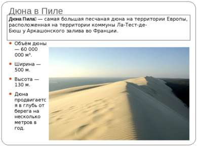 Дюна в Пиле Объём дюны — 60 000 000 м³. Ширина — 500 м. Высота — 130 м. Дюна ...