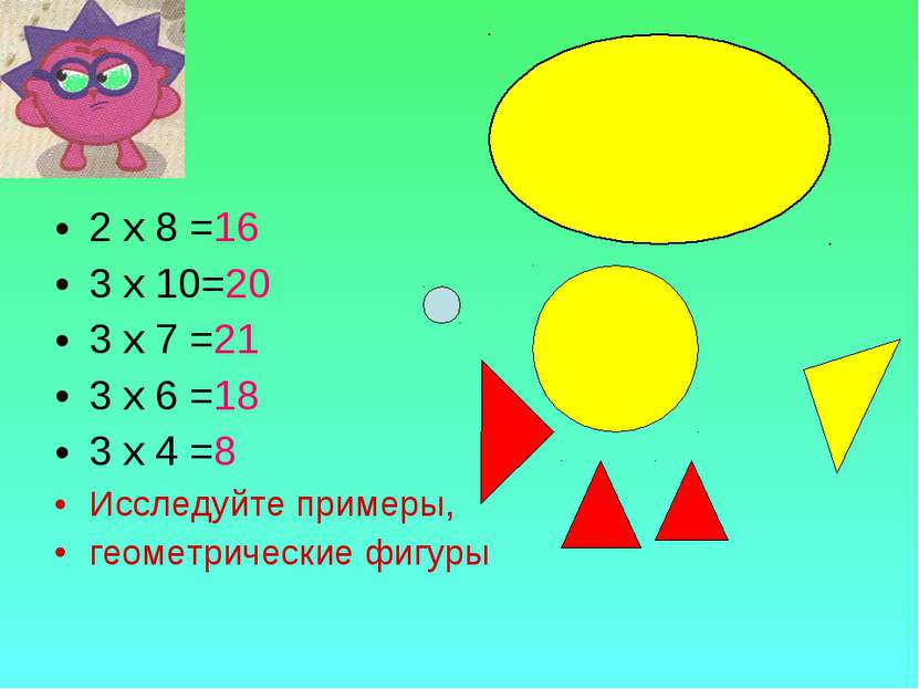 2 х 8 =16 3 х 10=20 3 х 7 =21 3 х 6 =18 3 х 4 =8 Исследуйте примеры, геометри...