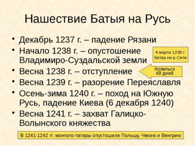Нашествие Батыя на Русь Декабрь 1237 г. – падение Рязани Начало 1238 г. – опу...