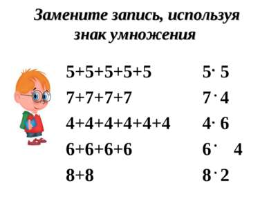 Замените запись, используя знак умножения 5+5+5+5+5 7+7+7+7 4+4+4+4+4+4 6+6+6...