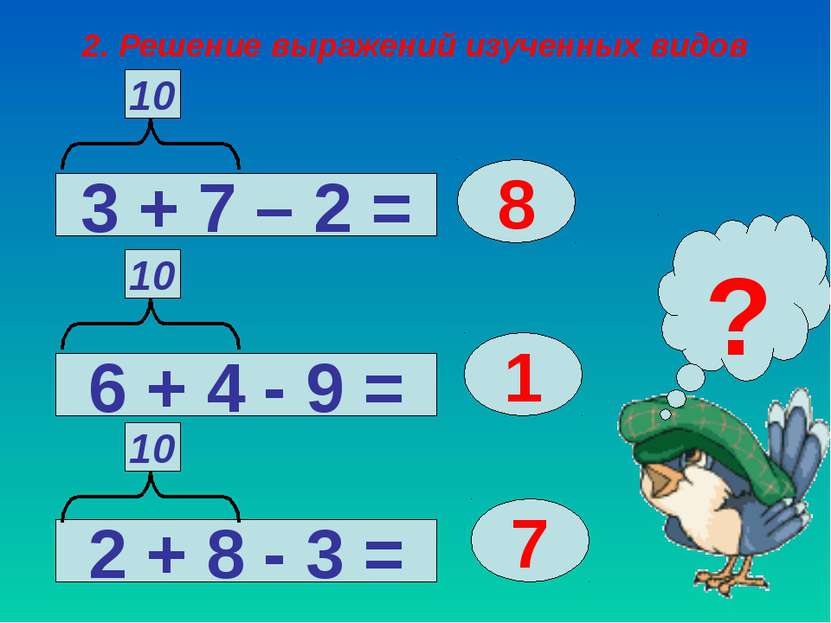2. Решение выражений изученных видов 3 + 7 – 2 = 2 + 8 - 3 = 6 + 4 - 9 = 8 1 ...
