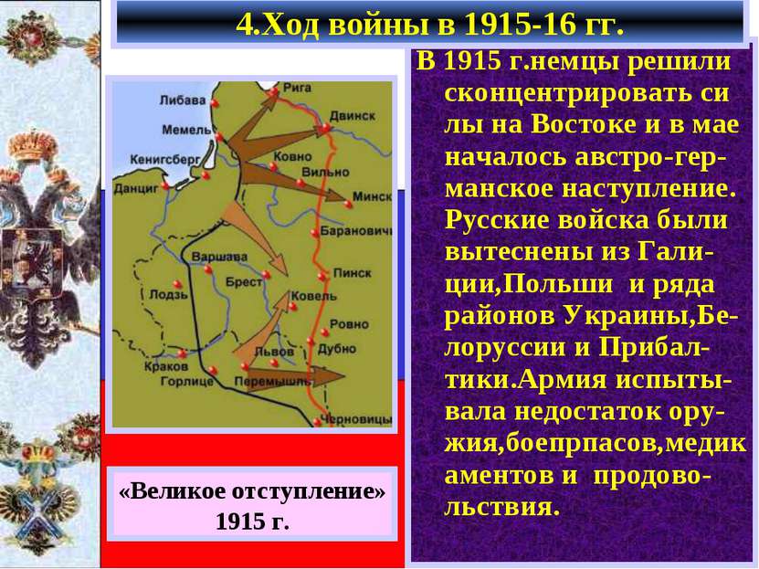 4.Ход войны в 1915-16 гг. В 1915 г.немцы решили сконцентрировать си лы на Вос...