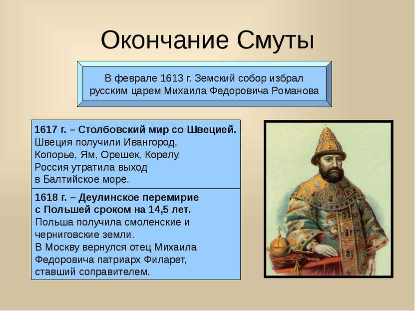 Окончание Смуты В феврале 1613 г. Земский собор избрал русским царем Михаила ...