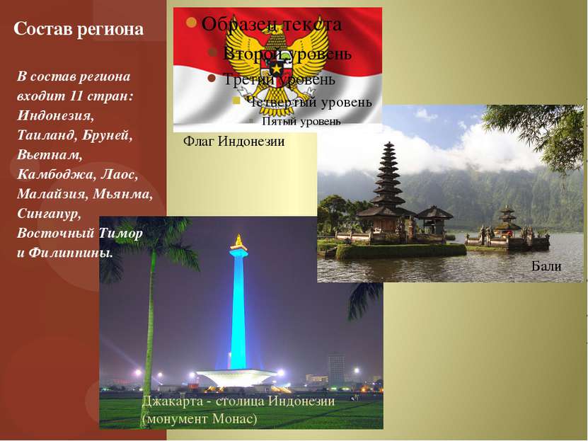 В состав региона входит 11 стран: Индонезия, Таиланд, Бруней, Вьетнам, Камбод...