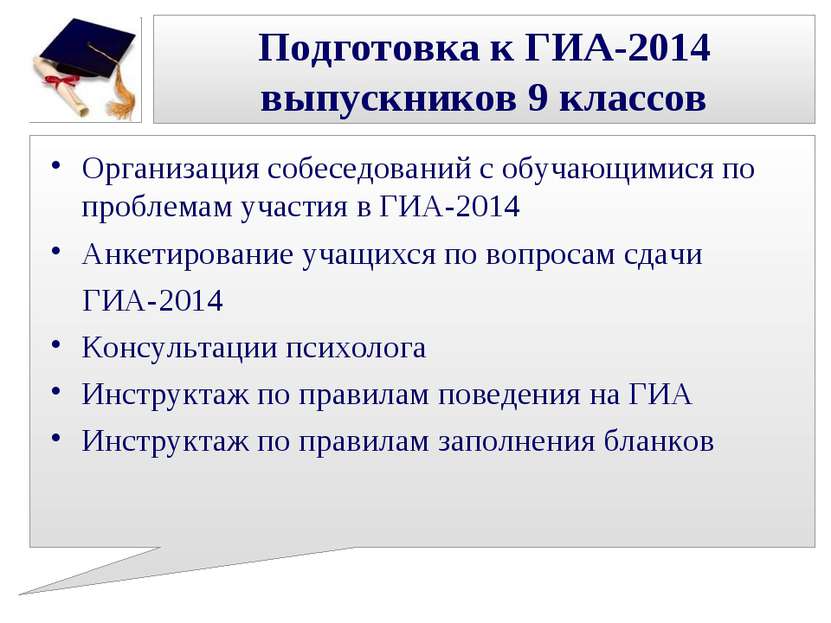 Подготовка к ГИА-2014 выпускников 9 классов Организация собеседований с обуча...