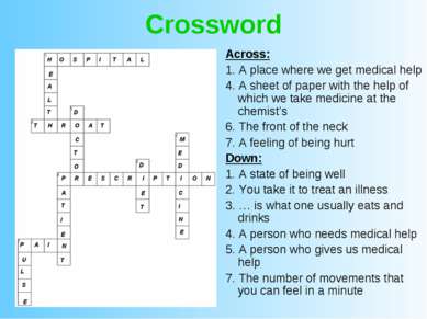 Crossword Across: 1. A place where we get medical help 4. A sheet of paper wi...