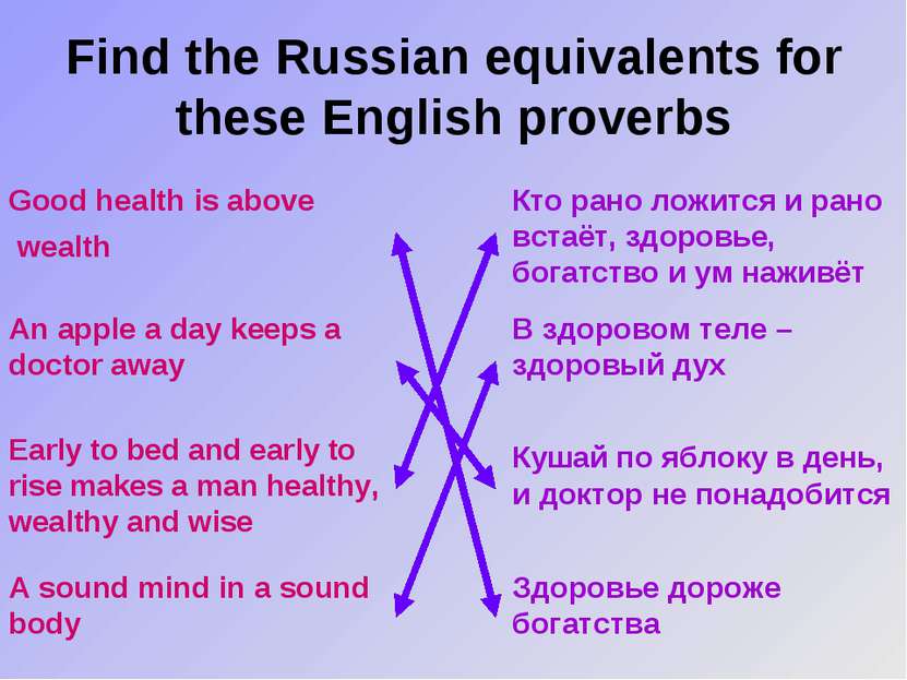 Find the Russian equivalents for these English proverbs Good health is above ...