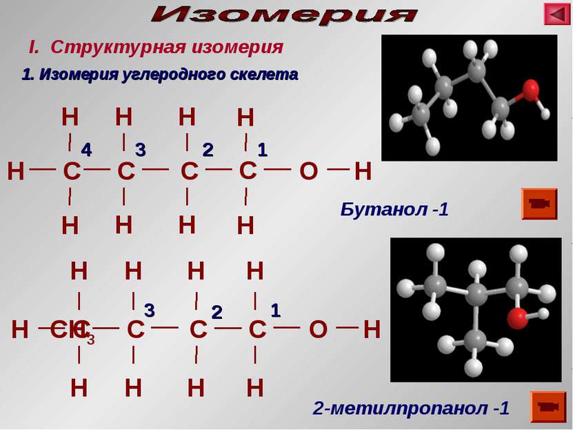 H СH3 Бутанол -1 2-метилпропанол -1 I. Структурная изомерия 1. Изомерия углер...
