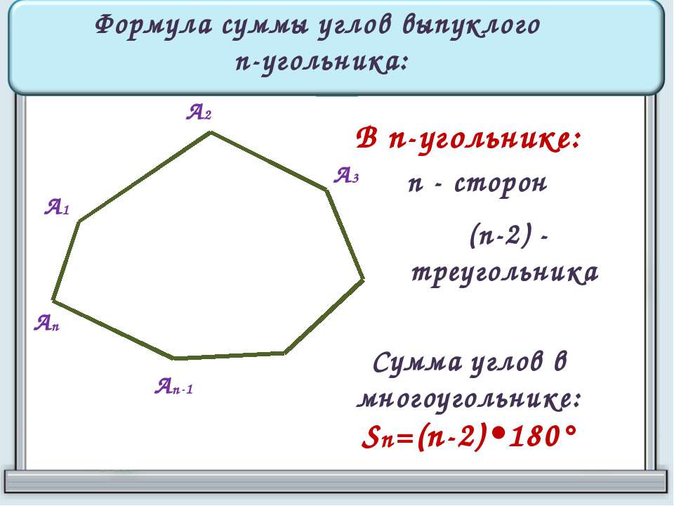 Многоугольник имеет 3 стороны. Формула суммы углов n угольника. Сумма углов многоугольника формула. Угол n угольника. Формула суммы углов выпуклого многоугольника.