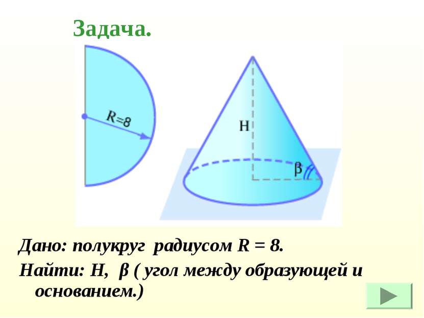 Дано: полукруг радиусом R = 8. Найти: Н, β ( угол между образующей и основани...