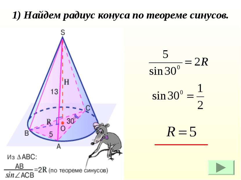 1) Найдем радиус конуса по теореме синусов.