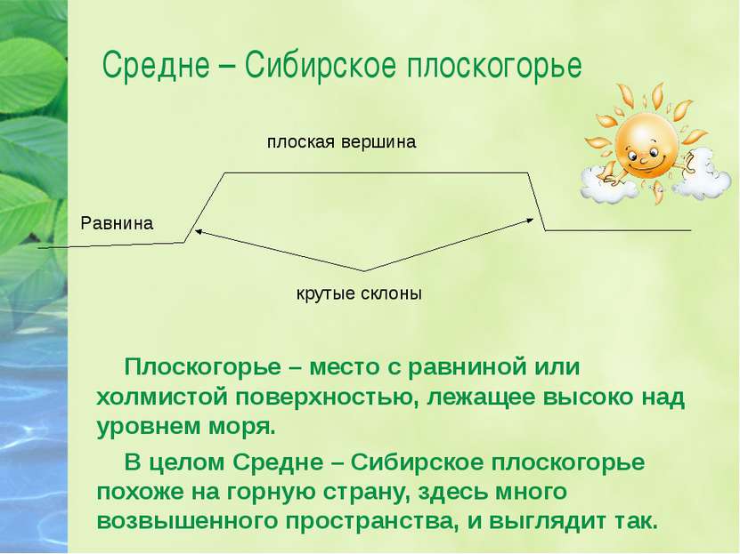 Средне – Сибирское плоскогорье Плоскогорье – место с равниной или холмистой п...