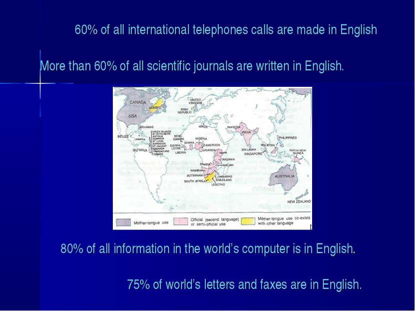 60% of all international telephones calls are made in English More than 60% o...
