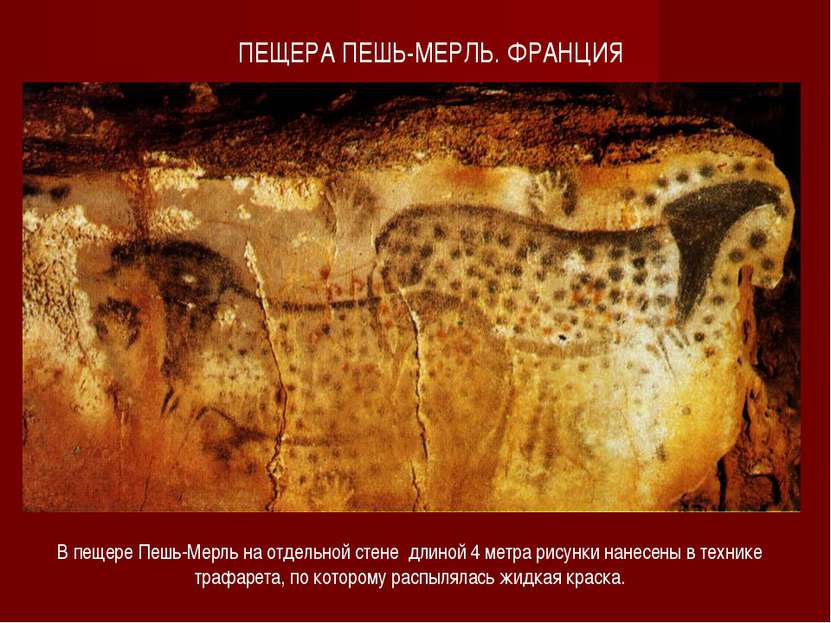 В пещере Пешь-Мерль на отдельной стене длиной 4 метра рисунки нанесены в техн...