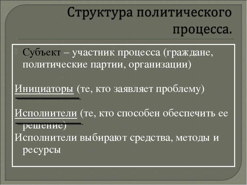 Субъект – участник процесса (граждане, политические партии, организации) Иниц...