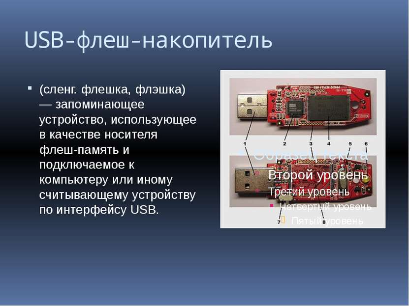 USB-флеш-накопитель (сленг. флешка, флэшка) — запоминающее устройство, исполь...