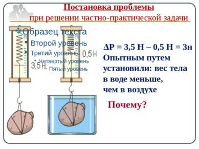 ΔР = 3,5 Н – 0,5 Н = 3н Опытным путем установили: вес тела в воде меньше, чем...