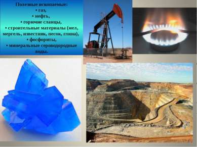 Полезные ископаемые: • газ, • нефть, • горючие сланцы, • строительные материа...
