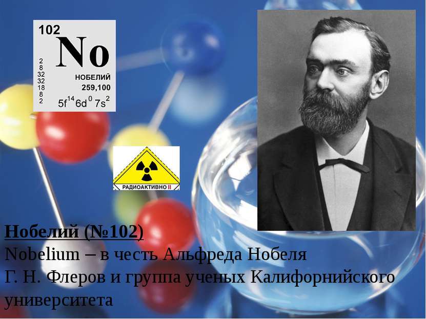 Нобелий (№102) Nobelium – в честь Альфреда Нобеля Г. Н. Флеров и группа учены...