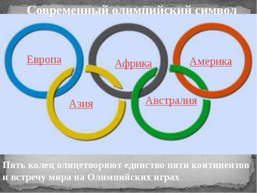 Современный олимпийский символ Пять колец олицетворяют единство пяти континен...