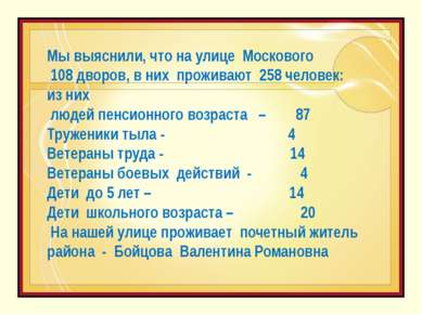 Мы выяснили, что на улице Москового 108 дворов, в них проживают 258 человек: ...