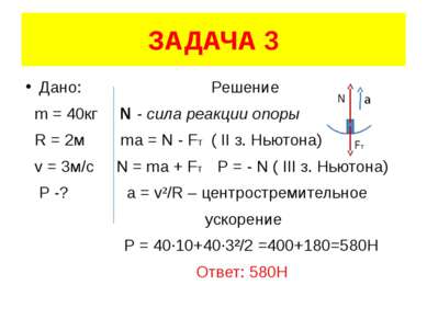 ЗАДАЧА 3 Дано: Решение m = 40кг N - сила реакции опоры R = 2м ma = N - FT ( I...