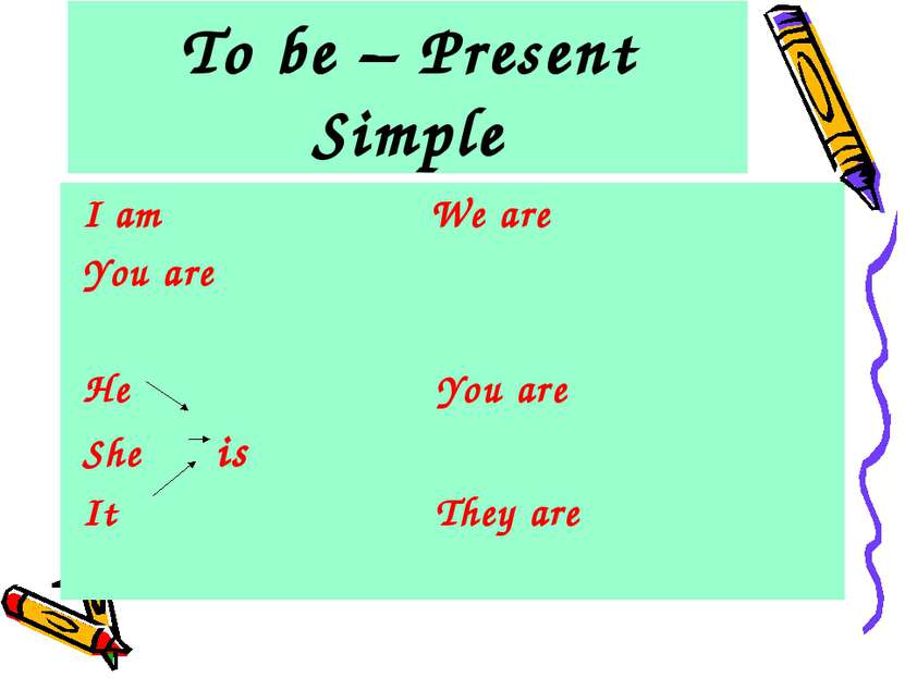 To be – Present Simple I am We are You are He You are She is It They are