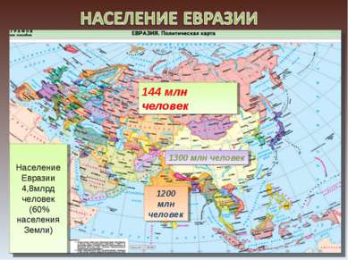 Население Евразии 4,8млрд человек (60% населения Земли) 144 млн человек 1300 ...