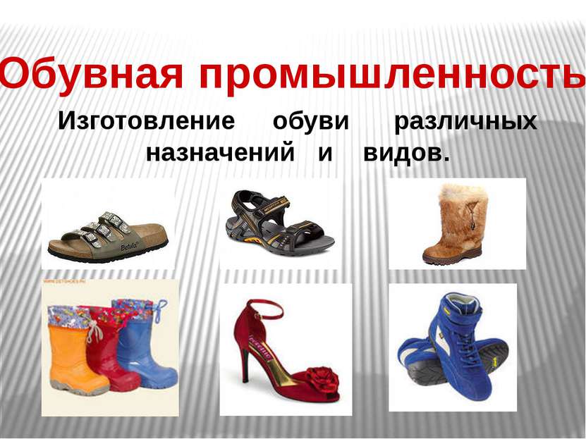 Обувная промышленность Изготовление обуви  различных назначений и видов.