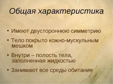 Общая характеристика Имеют двустороннюю симметрию Тело покрыто кожно-мускульн...