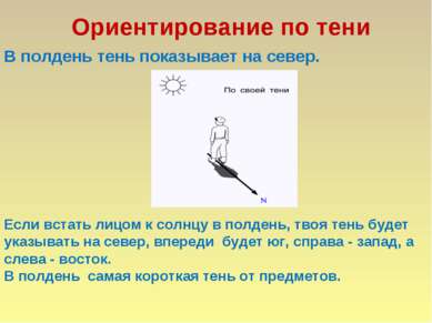 Ориентирование по тени Если встать лицом к солнцу в полдень, твоя тень будет ...