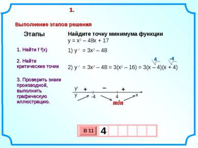 Найдите точку минимума функции y = x3 – 48x + 17 1) y / = 3x2 – 48 2) y / = 3...