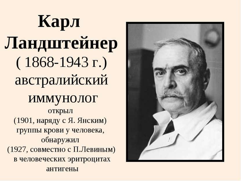 Карл Ландштейнер ( 1868-1943 г.) австралийский иммунолог открыл (1901, наряду...