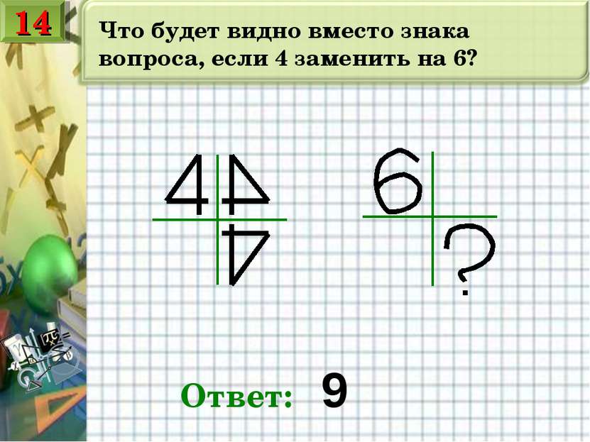 Что будет видно вместо знака вопроса, если 4 заменить на 6? Ответ: 9 14