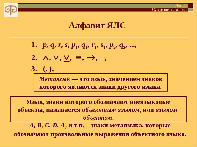 Алфавит ЯЛС Логика Суждение и его виды 1. p, q, r, s, p1, q1, r1, s1, p2, q2,...