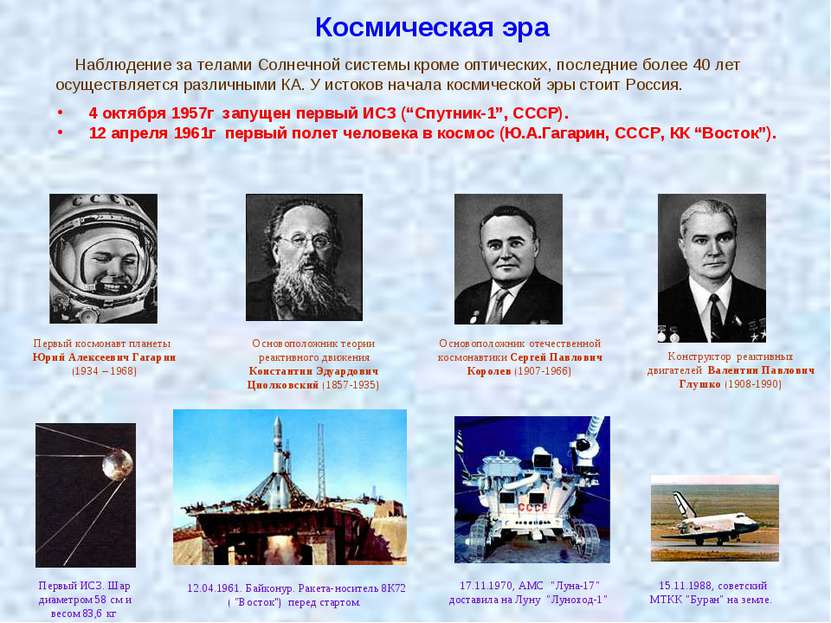 Космическая эра 4 октября 1957г  запущен первый ИСЗ (“Спутник-1”, СССР). 12 а...