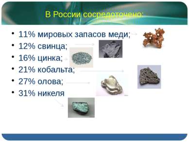 В России сосредоточено: 11% мировых запасов меди; 12% свинца; 16% цинка; 21% ...