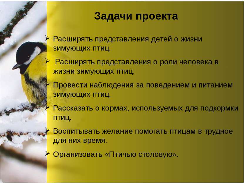Задачи проекта Расширять представления детей о жизни зимующих птиц.  Расширят...