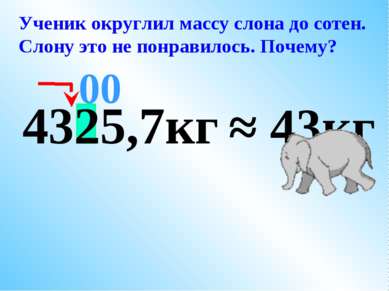 4325,7кг ≈ 43кг 00 Ученик округлил массу слона до сотен. Слону это не понрави...