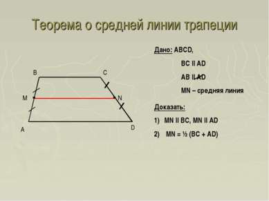 Теорема о средней линии трапеции A D B C Дано: ABCD, BC || AD AB || AD MN – с...