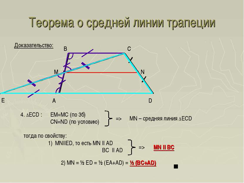 Теорема о средней линии трапеции A D B C Доказательство: Е 4. ΔECD : EM=MC (п...
