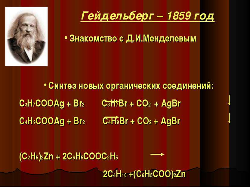 Знакомство с Д.И.Менделевым Синтез новых органических соединений: C3H7COOAg +...