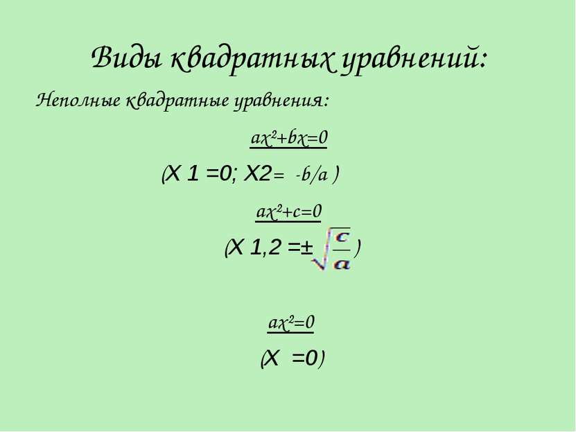 Виды квадратных уравнений: Неполные квадратные уравнения: ax²+bx=0 (X 1 =0; X...