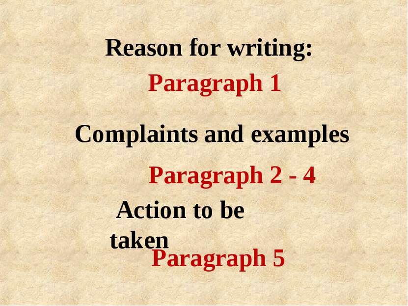 Reason for writing: Action to be taken Complaints and examples Paragraph 1 Pa...