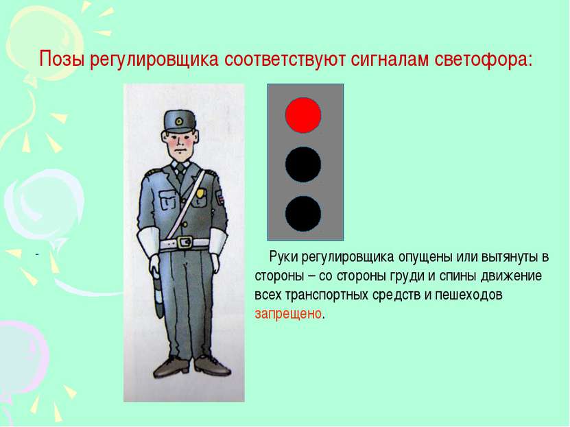 Найди, какой жест регулировщика соответствует зеленому сигналу светофора? -