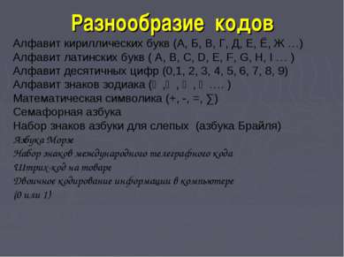 Разнообразие кодов Алфавит кириллических букв (А, Б, В, Г, Д, Е, Ё, Ж …) Алфа...