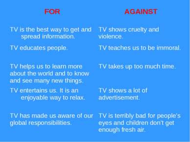 FOR AGAINST TV is the best way to get and spread information. TV shows cruelt...